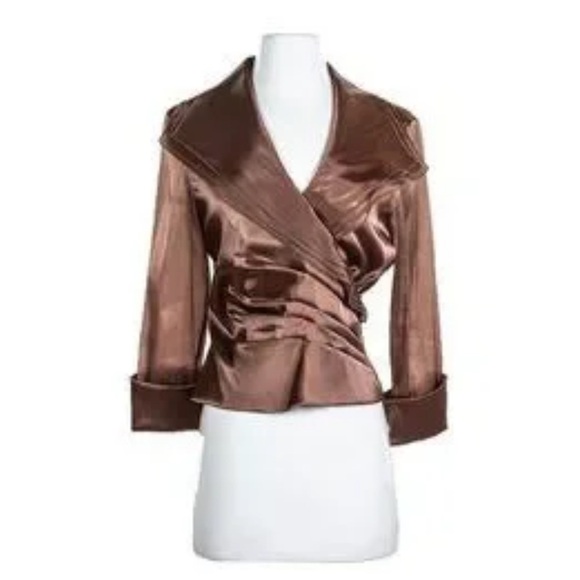 JS Collection  layered Sleeve with cuff Jacket Blazer Brown Satin retro size 10 - Picture 1 of 16